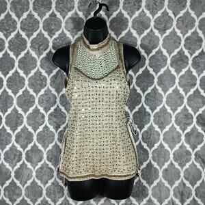 Beaded Mirror Halter Top Women Extra Small Gold Sleeveless Festival Boho Party